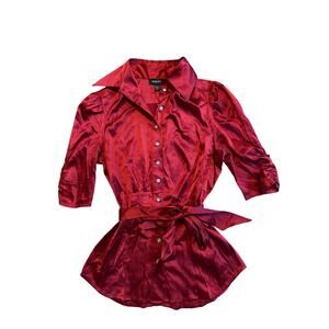 Bebe Vintage Red 3/4 Length Sleeve Silk Top w/Rhinestone Buttons M
